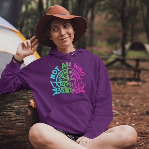 This hoodie features a stunning colorful gradient graphic that will make you stand out on your outdoor escapades. With the inspiring saying "Not All Who Wander Are Lost" emblazoned across the front, this hoodie is not just a piece of clothing, but a statement of your adventurous spirit and love for exploration.
